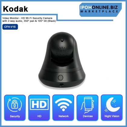 Kodak Video Monitor - HD Wi-Fi Security Camera with 2-way audio, 350° pan & 105° tilt (Black) - CFH-V15
